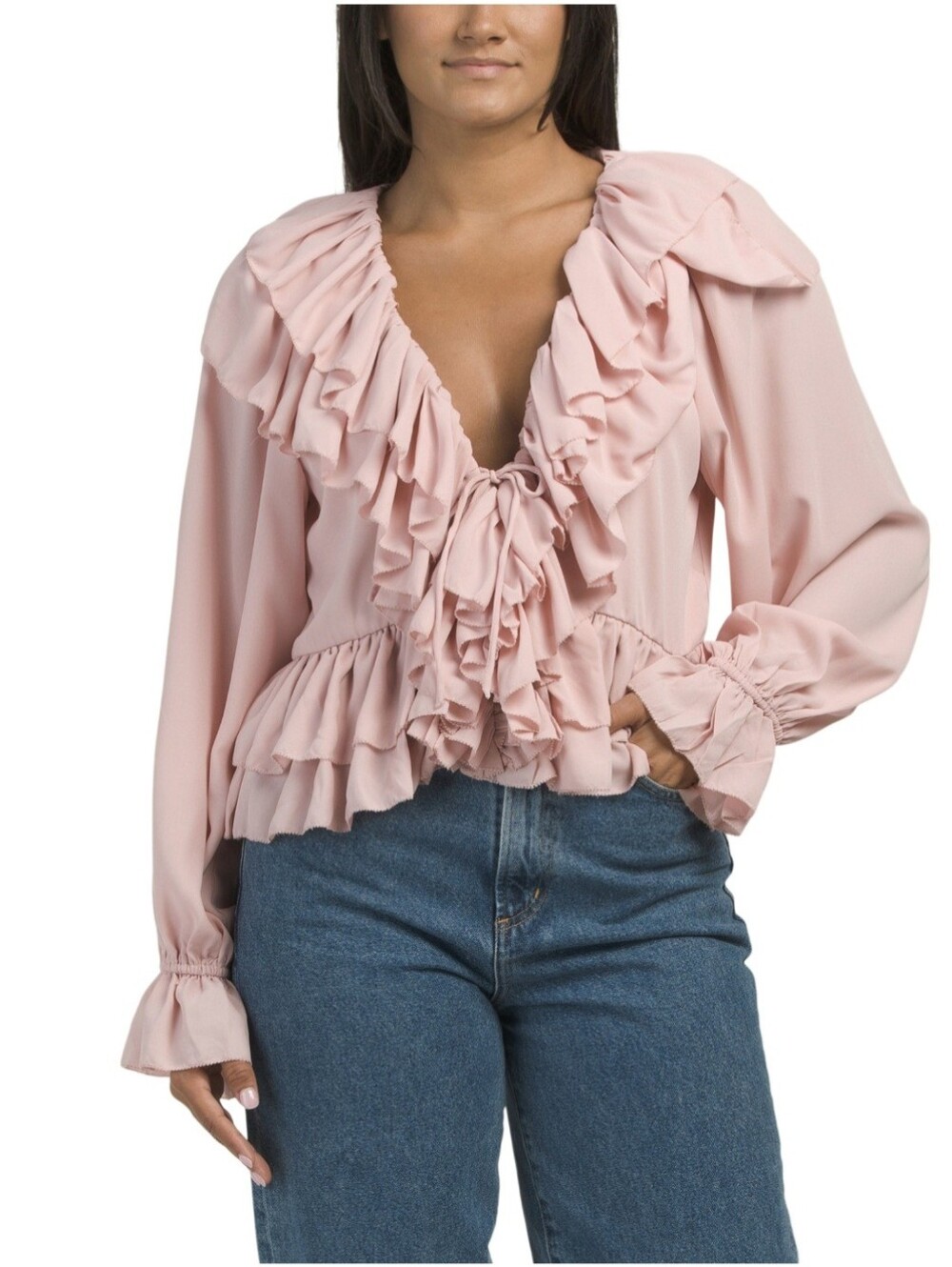Torn by Ronny Kobo Dusty Rose Ruffled V-Neck Blouse-Size Small
